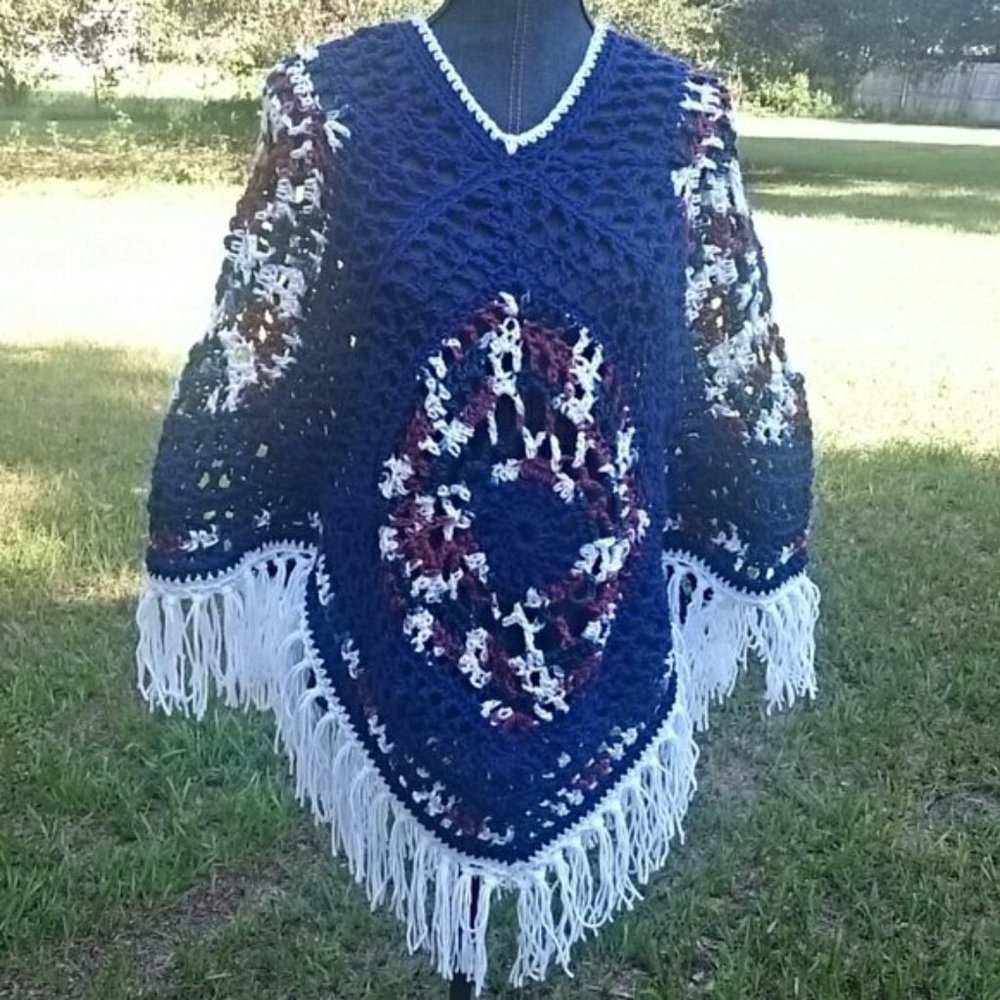 Hand Crafted Crochet Chunky Navy Blue White Burgundy Poncho Essential Boho - Picture 11 of 13